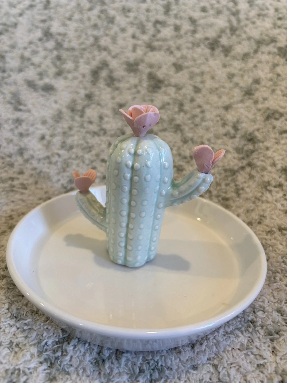 Pretty Mint Cactus Pink Flowers Ceramic Trinket Jewelry Dish NWT 5.5”